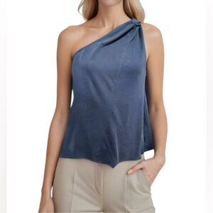 $68 Unsubscribed Anthropologie One-Shoulder Cotton Draped Top Blue Size Large